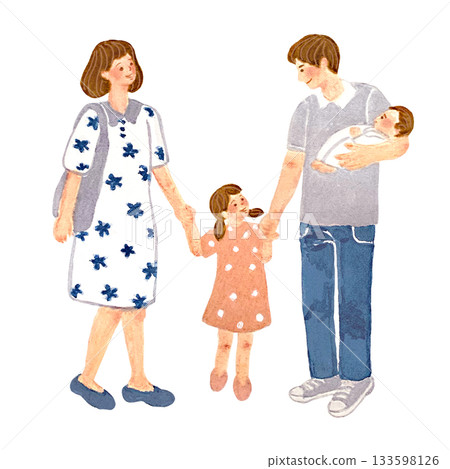 一幅水彩插畫，描繪了一位家長和孩子手牽手站在一起的場景。 133598126