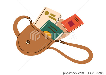 Vector illustration with flat cartoon leather bag filled with books, cozy reading composition, study and hobby mood, personal time theme for lifestyle projects, calm self care atmosphere Vector illustration with flat cartoon leather bag filled with books, cozy reading composition, study and hobby mood, personal time theme for lifestyle projects, calm self care atmosphere 133598288