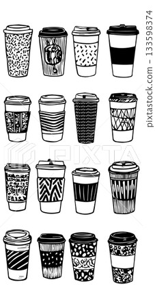 This black and white line-art illustration features a diverse collection of disposable coffee cups. Each cup is adorned with unique and contrasting patterns, including stripes, dots, geometric shapes, 133598374