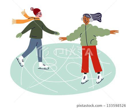 Vector illustration with flat cartoon man and woman ice skating outdoors in winter clothes, joyful park leisure, fun seasonal activity for holiday visuals, cute characters having fun on christmas Vector illustration with flat cartoon man and woman ice skating outdoors in winter clothes, joyful park leisure, fun seasonal activity for holiday visuals, cute characters having fun on christmas 133598526