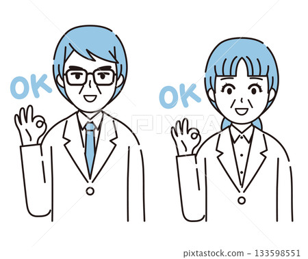 Illustration of a man and a woman in a white coat making an OK sign 2 Illustration of a man and a woman in a white coat making an OK sign 2 133598551
