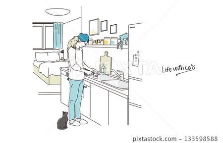 Illustration material of a young man feeding a cat 133598588