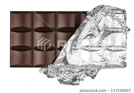 Unwrapped dark chocolate bar in shiny foil on white background 133598607