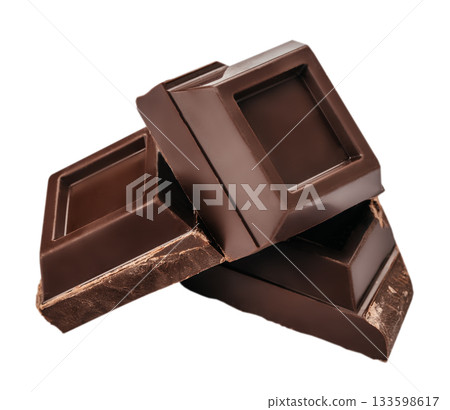 Stack of dark chocolate pieces isolated on a clean white background, dessert branding, product packaging and high-end sweet food design concepts 133598617