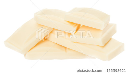 Stack of smooth white chocolate pieces isolated on a clean white background, dessert branding, packaging design and elegant sweet food visual concepts. Stack of smooth white chocolate pieces isolated on a clean white background, dessert branding, packaging design and elegant sweet food visual concepts. 133598621