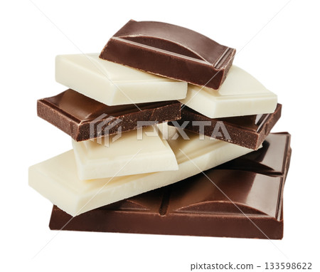 Stack of assorted dark and white chocolate pieces isolated on a clean white background, dessert branding, packaging design and gourmet sweet food visuals. 133598622