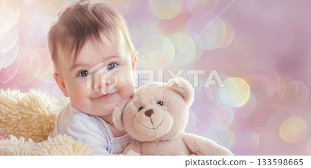happy baby girl with toy bear happy baby girl with toy bear 133598665