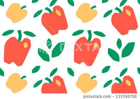 Vector illustration with flat cartoon seamless pattern of apples and leaves in naive broken line style, simple rustic fruit design for textiles, wrapping, kitchen decor, fresh natural pattern 133598708