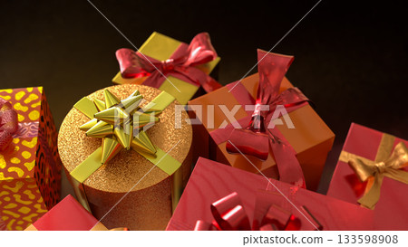 Luxury Gift Boxes with Golden and Red Ribbons 3d render. Luxury Gift Boxes with Golden and Red Ribbons 3d render. 133598908