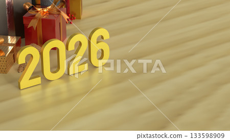 2026 New Year Celebration with Christmas Gifts 3d render. 2026 New Year Celebration with Christmas Gifts 3d render. 133598909