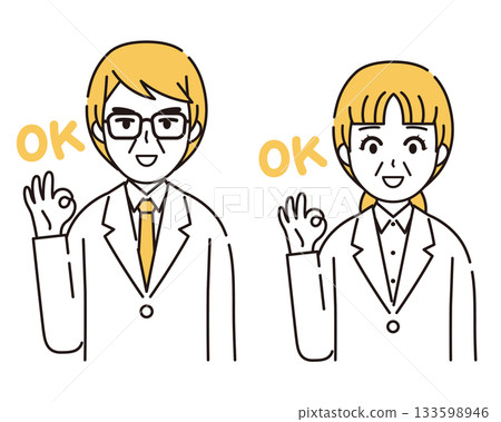 Illustration of a man and a woman in a white coat making an OK sign 3 133598946