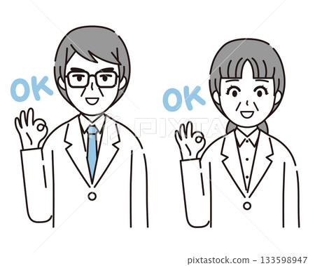 Illustration of a man and a woman in a white coat making an OK sign 4 133598947