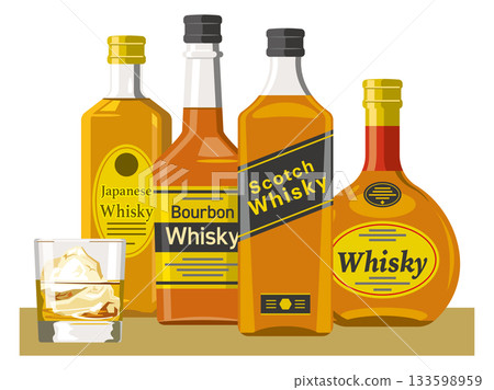 一排威士忌酒瓶和酒杯的插圖 一排威士忌酒瓶和酒杯的插圖 133598959