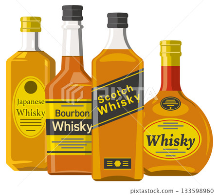 Illustration of a row of whiskey bottles 133598960