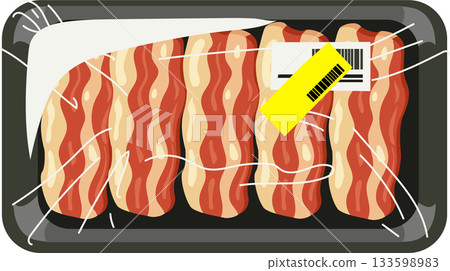 raw beef brisket slices in plastic wrapped grocery tray with discount meat sticker 133598983
