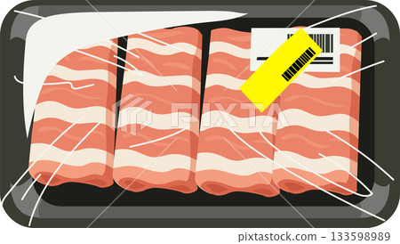 packaged meat in plastic wrapped food tray with discount sticker 133598989