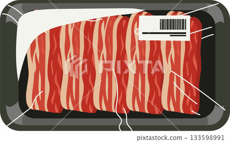 raw meat sliced beef in packaged meat tray with cling wrap and barcode label for supermarket and grocery food raw meat sliced beef in packaged meat tray with cling wrap and barcode label for supermarket and grocery food 133598991