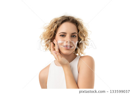 Woman boosts her skincare with moisturizer, isolated on white, PNG 133599037