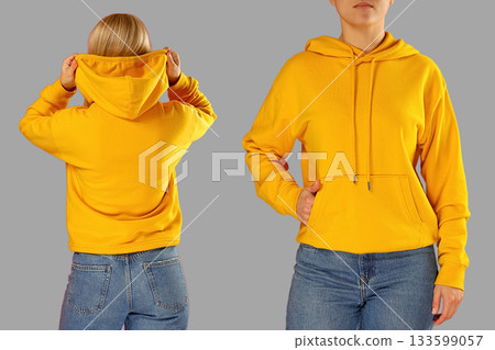 Features a yellow hoodie with dual design views Features a yellow hoodie with dual design views 133599057