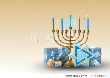 Menorah with blue candles beside decorative gifts and dreidels Menorah with blue candles beside decorative gifts and dreidels 133599063