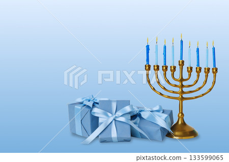 Menorah with blue candles beside wrapped gift boxes Menorah with blue candles beside wrapped gift boxes 133599065