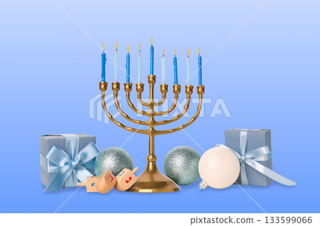 Menorah with blue candles surrounded by gifts and ornaments 133599066