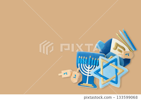 Colorful Hanukkah decor and treats displayed beautifully 133599068