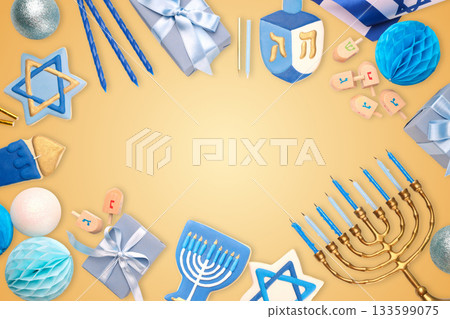 Collection of Hanukkah decorations on a golden surface 133599075