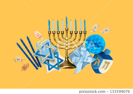 Hanukkah, menorah with blue candles, dreidels, and gifts set on yellow Hanukkah, menorah with blue candles, dreidels, and gifts set on yellow 133599076