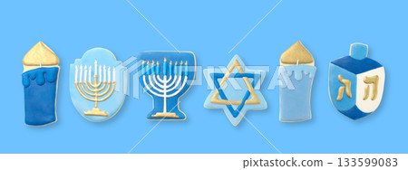 Hanukkah symbol cookies on a blue background 133599083
