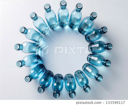 Reuse image of blue glass bottles arranged in a circle | Environmental concept illustration showing resource circulation 133599117
