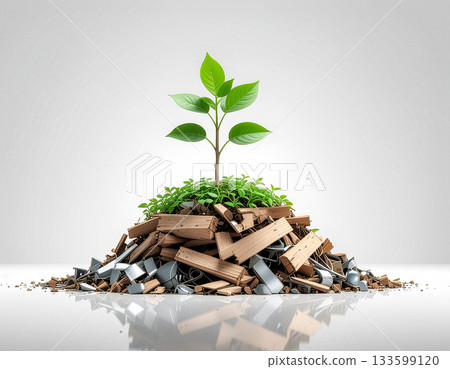 一棵幼樹從一堆廢木料中長出 | 這是一幅環境修復的畫面，生命從木頭和金屬碎片中復蘇。 133599120