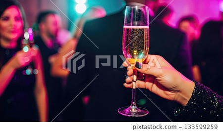 Hand holds glass, glass bubbles shine, glass implies happy celebration 133599259