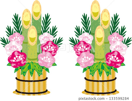 A Japanese-style illustration of a gorgeous Kadomatsu decorated with pine, bamboo, and plum, a lucky charm for the New Year 133599284