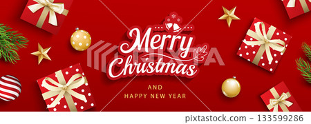 Merry christmas and happy new year holiday season greeting card design template. 133599286
