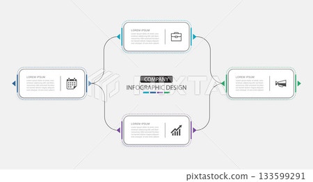 Four business concept horizontal connected stages timeline diagram with rounded rectangle boxes. 133599291