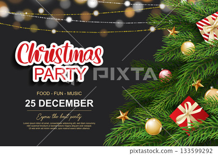 Christmas party invitation poster with festive tree and light bokeh background. 133599292