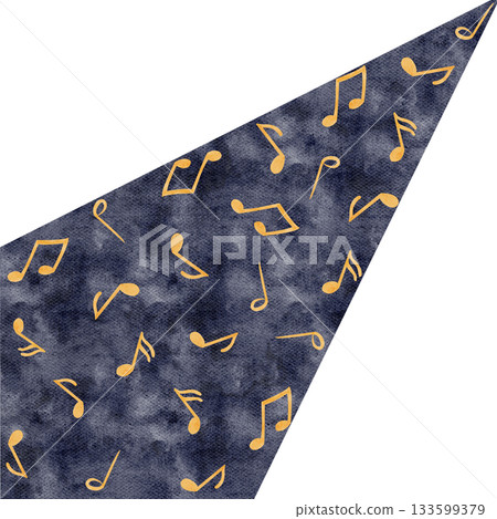 Music notes in warm golden tones painted in diagonal flow on blue textured background. Watercolor clip art with a festive atmosphere, perfect for Christmas projects, invitations, crafts, decor. 133599379