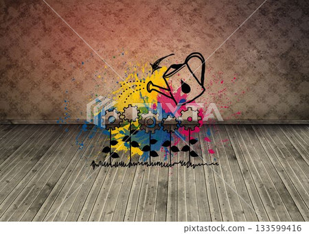 Cog flowers with can on floorboards 133599416