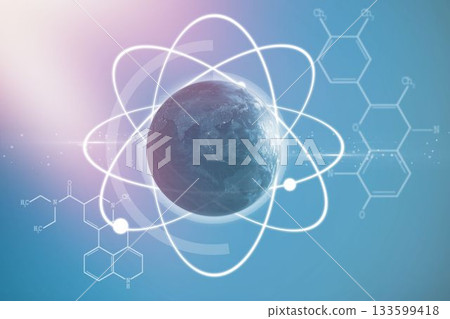 Composite image of planet earth amidst atom 133599418