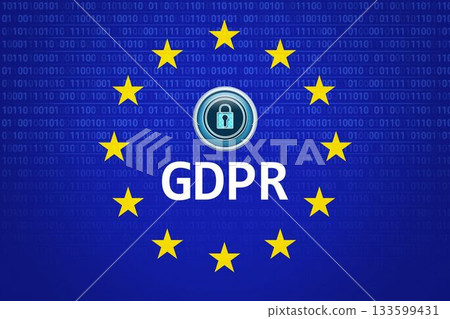 Design is showing metallic-blue padlock with GDPR text on blue binary grid and yellow EU stars Design is showing metallic-blue padlock with GDPR text on blue binary grid and yellow EU stars 133599431