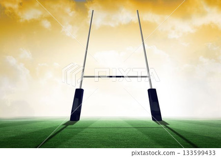 Rugby goal post is standing on green field under golden clouds, flat design illustration 133599433