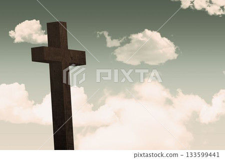 Flat design art is showing tall wooden cross rising against soft green sky with cream clouds Flat design art is showing tall wooden cross rising against soft green sky with cream clouds 133599441