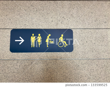 Sign for navigation in unfamiliar place. Concept for finding restroom for personal hygiene procedures. Directions to diaper changing room and wheelchair accessible restroom 133599525