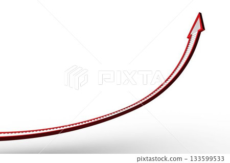 Red curved arrow with white inner stripe is curving upward in 3D white background, copy space Red curved arrow with white inner stripe is curving upward in 3D white background, copy space 133599533