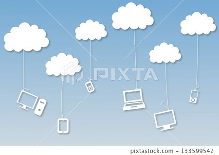 Media devices hanging from clouds Media devices hanging from clouds 133599542