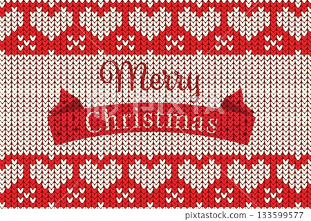 Central red banner is showing cursive Merry Christmas in flat digital knit style with heart motifs Central red banner is showing cursive Merry Christmas in flat digital knit style with heart motifs 133599577