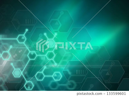 Glowing hexagon network is being shown in flat design interface with circuit lines and chart icons 133599601