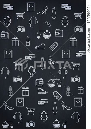 Flat design repeating pattern is filling chalkboard-style background with retail and fashion icons Flat design repeating pattern is filling chalkboard-style background with retail and fashion icons 133599624