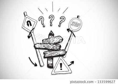Black-and-white sketch is showing wooden signpost with traffic signs, question marks and arrows Black-and-white sketch is showing wooden signpost with traffic signs, question marks and arrows 133599627